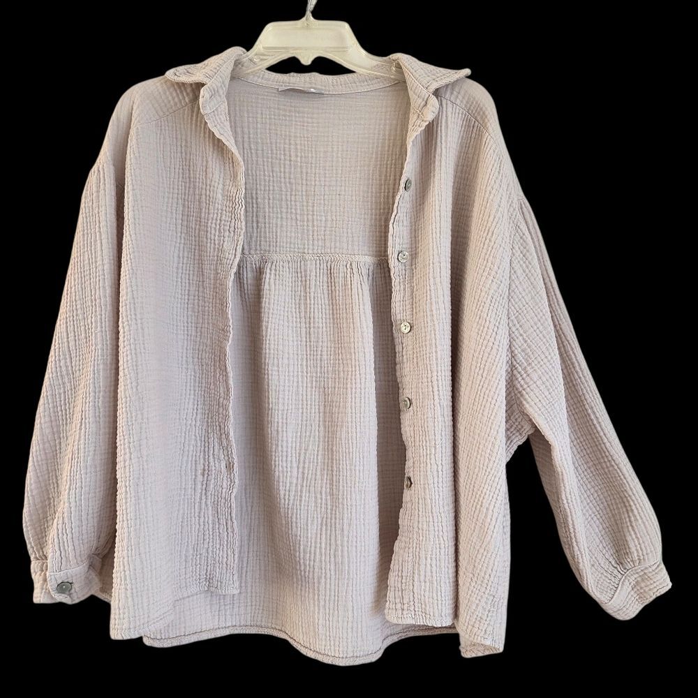 Italian Made Gauze Cotton Blouse Baggy Shirt Natural Neutral Beige One Size L - Picture 5 of 15